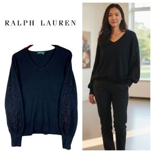 Ralph Lauren XL 14 16 Sweater SILK CASHMERE Black Beaded Elegant Classic!